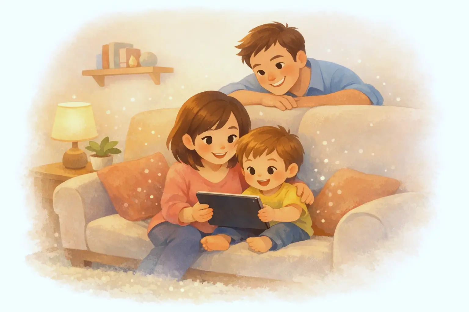 Parent and child reading a story together on a sofa