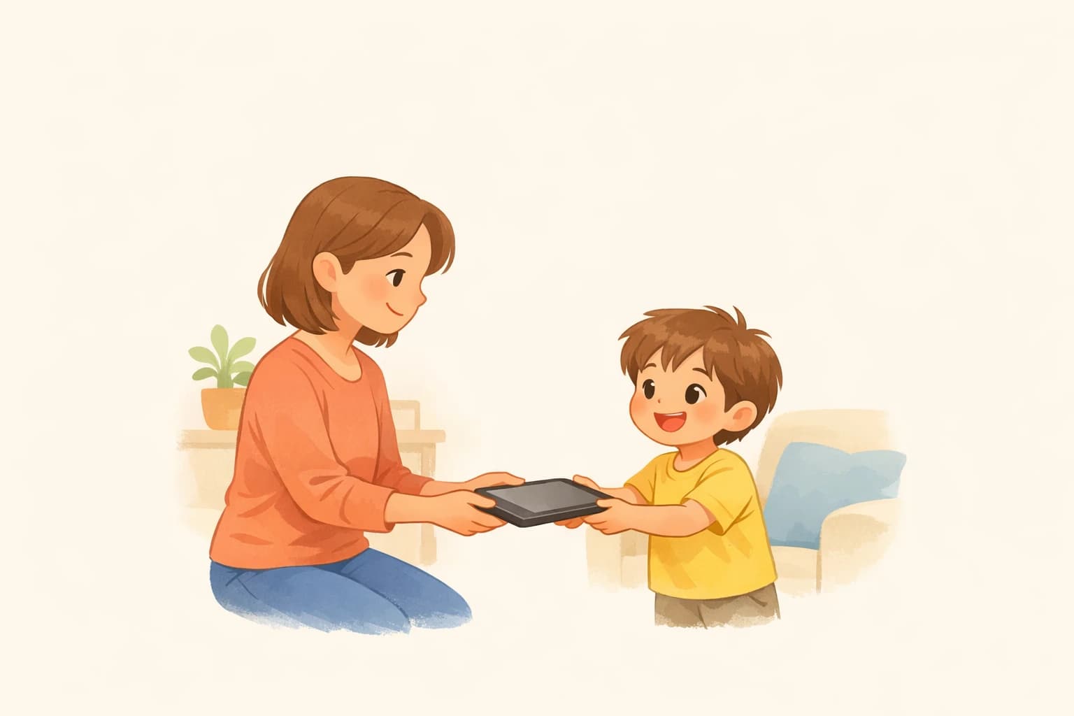Parent handing a tablet to a child in a calm home setting